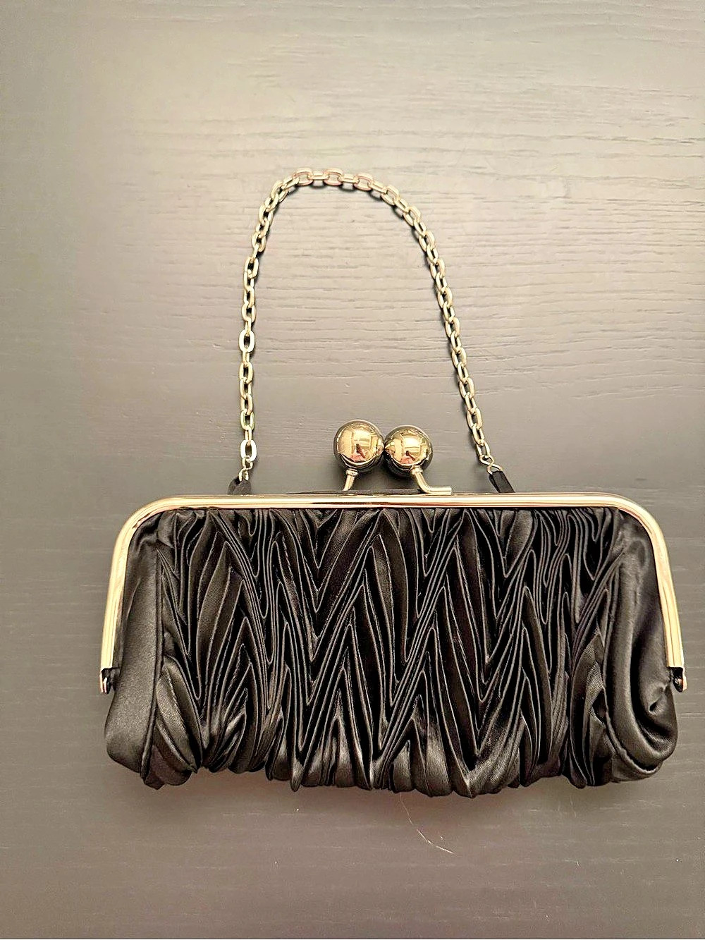 Black Satin Frame Clutch with Chain